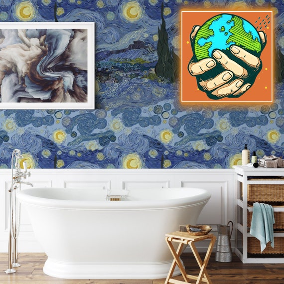 Artistic Painting Starry Night Bedroom Wallpaper, Art Print Blue Wall Decor