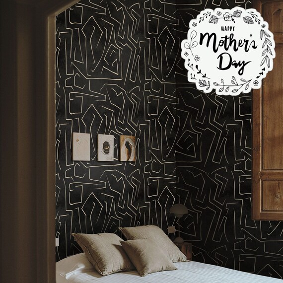 Black and Gold Art Minimalist Wallpaper, Black Graffiti Wall Art, Modern abstract art Lines