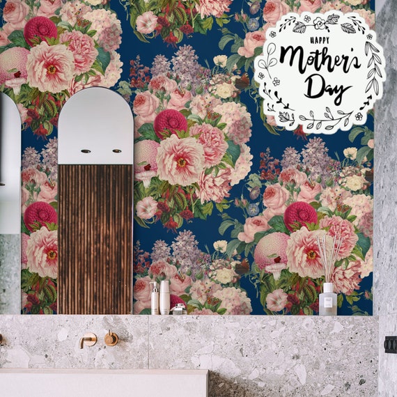Blue Floral Dutch Wallpaper for maximalist decor, large floral prints with Botanical Stamp