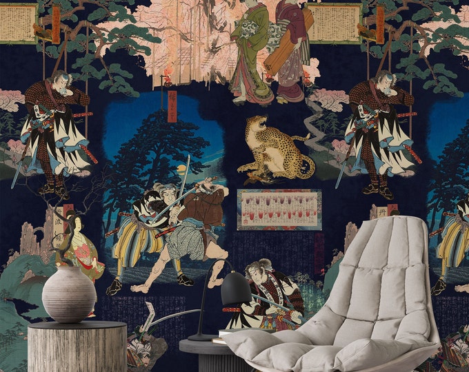 Elegant Samurai & Geisha Wallpaper - Midnight Blue Japanese Design - WALLPAPERS4BEGINNERS