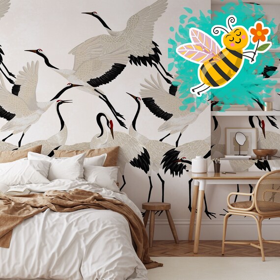 White Heron Print Wallpaper, Crane Wallpaper, Removable Wallpaper, Elegant Crane Dance Wallpaper, Graceful Bird Design