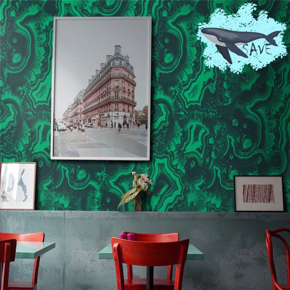 Malachite Section Geode Wallpaper in Green and Black, Marble Contact Paper Nature Inspired Modern Decor for Accent Wall