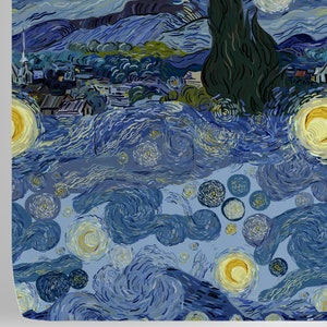 May include: A painting in the style of Vincent van Gogh depicting a night sky with swirling blue clouds and bright yellow stars. The painting also features a small town in the distance with a church steeple.