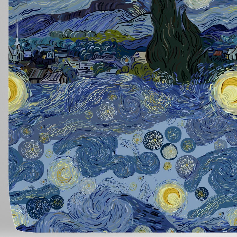 May include: A painting in the style of Vincent van Gogh depicting a night sky with swirling blue clouds and bright yellow stars. The painting also features a small town in the distance with a church steeple.