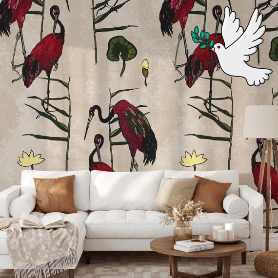 Vintage Chinoiserie Crane Wallpaper, Crane Wall Mural, Bird wallpaper