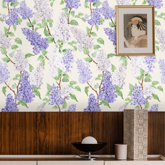 Watercolor Wisteria Vine Hanging Wallpaper | Lilac Floral Wall Decor for Chic Home Makeover