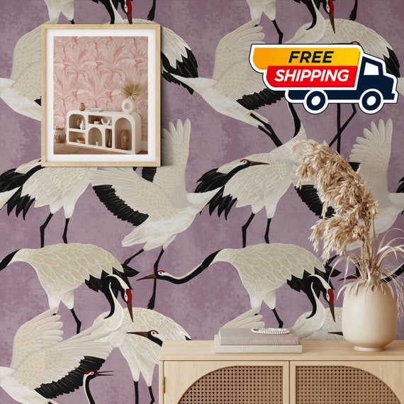 Lilac Pastel Chinoiserie Wall Art, Cute Purple Herons Wallpaper