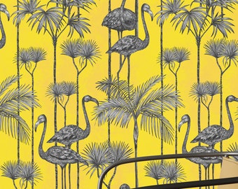 Yellow Flamingo Wallpaper, Tropical Birds Vintage Wallpaper, Dramatic Wall Covering