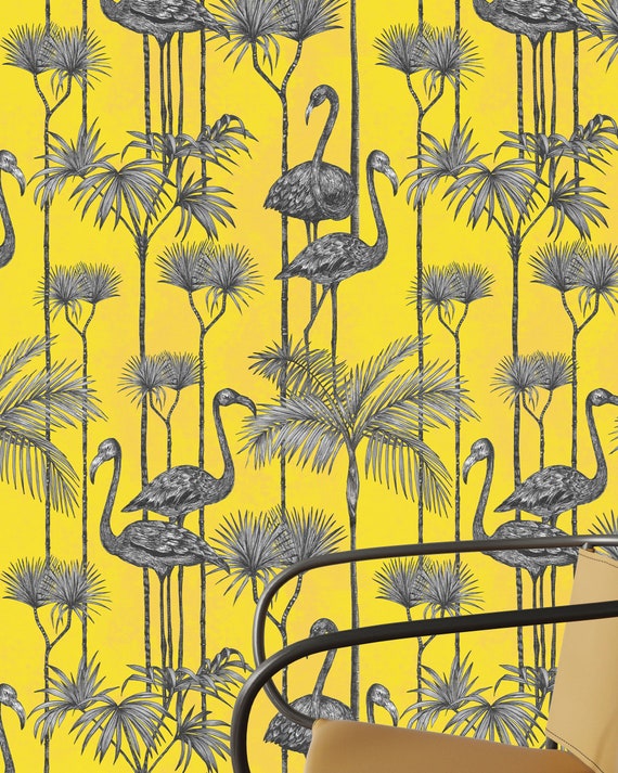 Yellow Flamingo Wallpaper, Tropical Birds Vintage Wallpaper, Dramatic Wall Covering