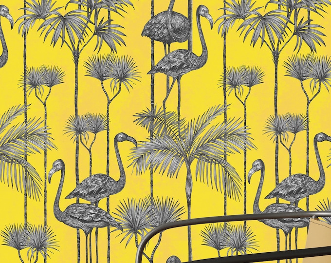 Yellow Flamingo Wallpaper, Tropical Birds Vintage Wallpaper, Dramatic Wall Covering