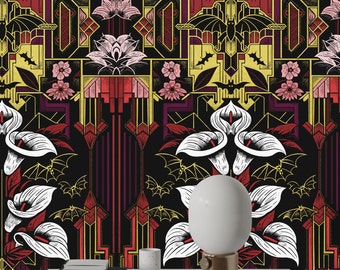 Burgundy Art Deco Wallpaper with Gold Bats and Flowers, Art Deco Luxury Wallpaper, Gothic Bats Amidst Burgundy Florals,