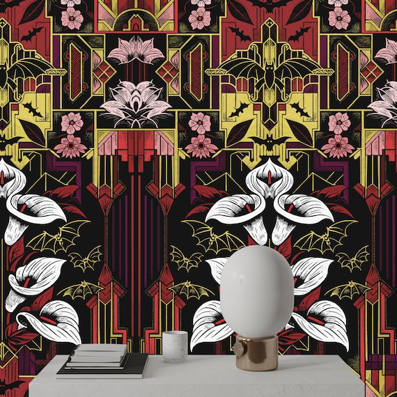 Burgundy Art Deco Wallpaper with Gold Bats and Flowers, Art Deco Luxury Wallpaper, Gothic Bats Amidst Burgundy Florals,