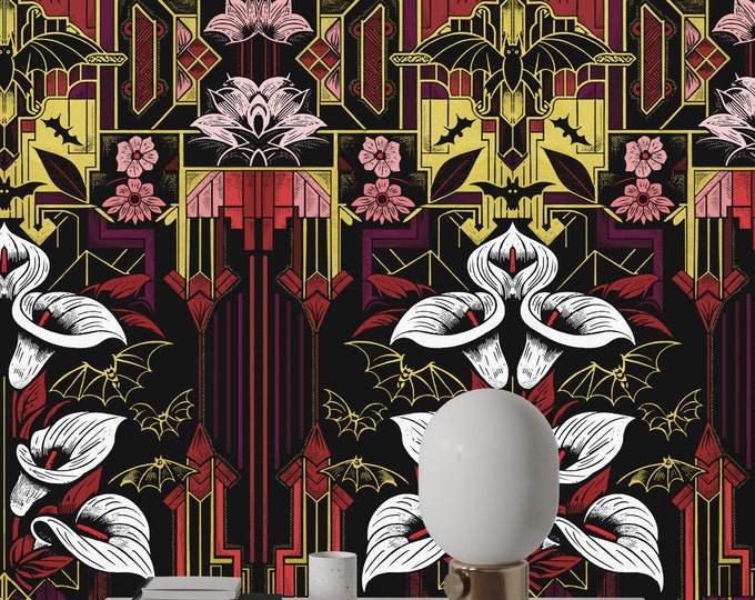 Burgundy Art Deco Wallpaper with Gold Bats and Flowers, Art Deco Luxury Wallpaper, Gothic Bats Amidst Burgundy Florals,