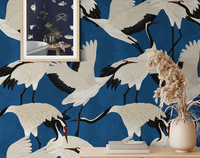 Japanese White Heron Wallpaper - Timeless Elegance on a Blue Background, Blue Chinoiserie Asian Wallpaper, Cobalt Decor Crane Wall Art