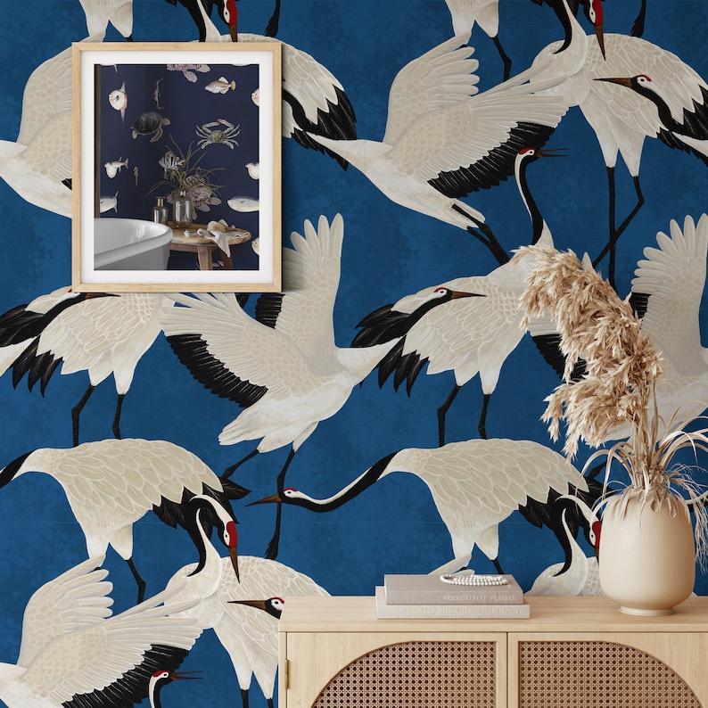 Image of Carta da Parati Aironi Blu Carta Vegana 250x200cm 5,5mq