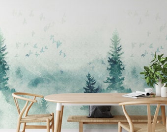 Misty Mountain Watercolor Wallpaper Mural, Foggy Pine Forest Landscape, Green & Gray Paper Wall Mural