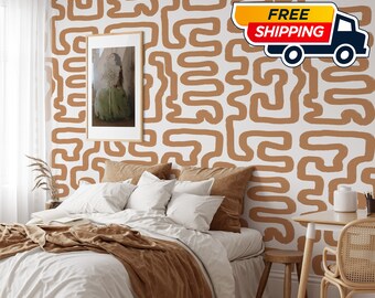 Get Lost in Style with This Gorgeous Beige and White Abstract Maze Wallpaper - Perfect for Creating a Chic and Modern Look in Your Home!