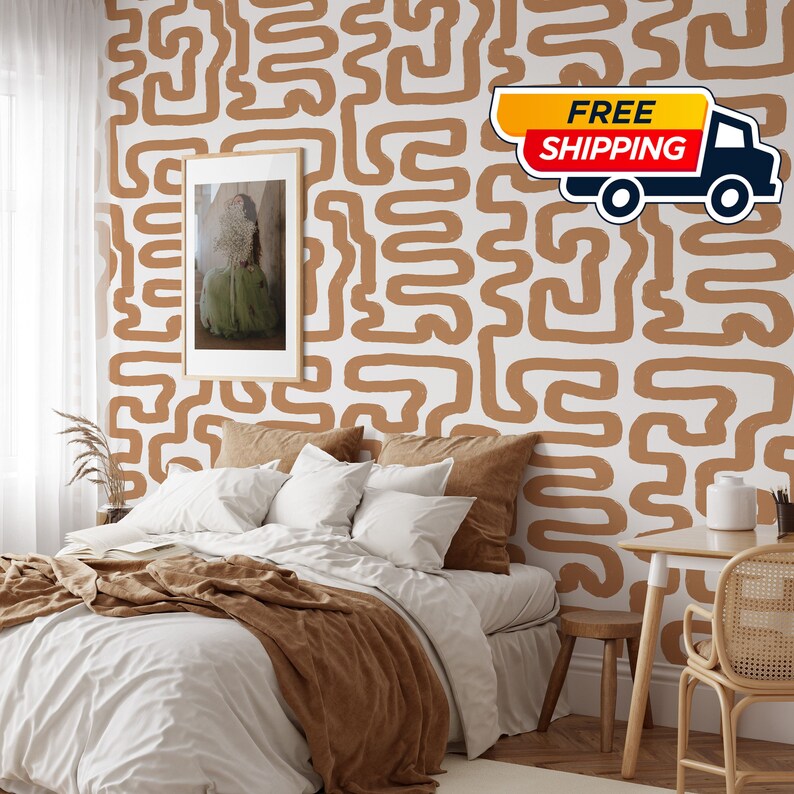 Holen Sie sich stilvoll verloren mit dieser wunderschönen beige und weißen abstrakten Labyrinth-Tapete perfekt für einen schicken und modernen Look in Ihrem Zuhause Bild 1