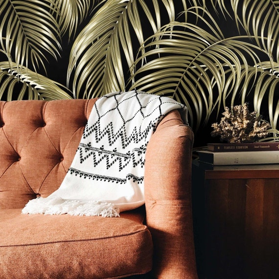 Black and Gold Tropical Leaves Wallpaper, Beach House Decor Jungle Wall Art