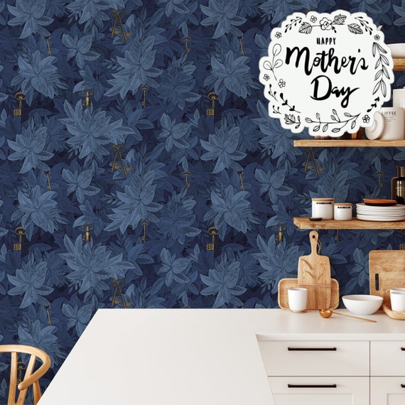 Blue Ivy Leaves Wallpaper, Hedge Wallpaper with Gold Keys, Dark Hedges Wall Mural