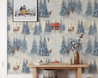 Snow Winter Forest with Animals Wallpaper, Winter Mountain Antlers Wall Decor, Woodland Nursery Calm Snowy Wall Art