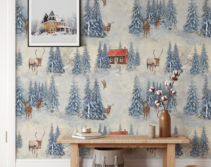 Snow Winter Forest with Animals Wallpaper, Winter Mountain Antlers Wall Decor, Woodland Nursery Calm Snowy Wall Art