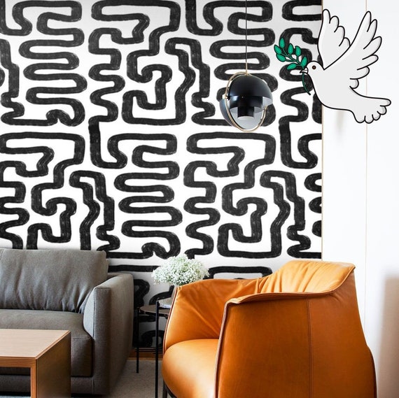 Abstract Painting Modern Wallpaper, Black and White Labyrinth Pattern for Modern Home Decor