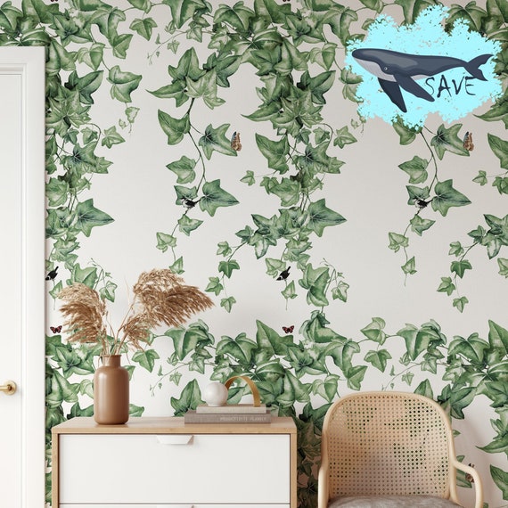 Climbing Green Ivy Leaves Wallpaper with Birds and Butterflies, Watercolor Foliage Hedera Ivy Wall Decor