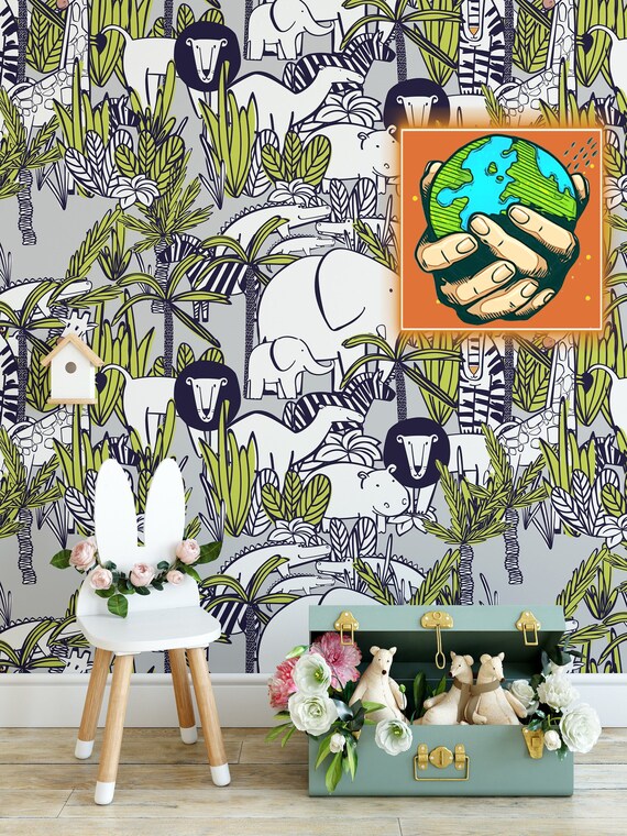 Safari Wallpaper with Wild Animal, Baby room nursery African Forest Wall Decoration, Exotic Animals Wall Art