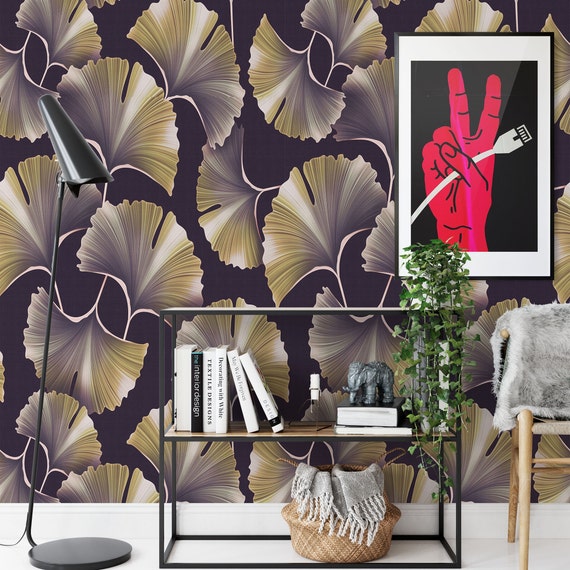 Leaves of Ginkgo Biloba Wallpaper, Modern Retro Plant Ginkgo Leaf Wall Decor, Chinese Wall Art