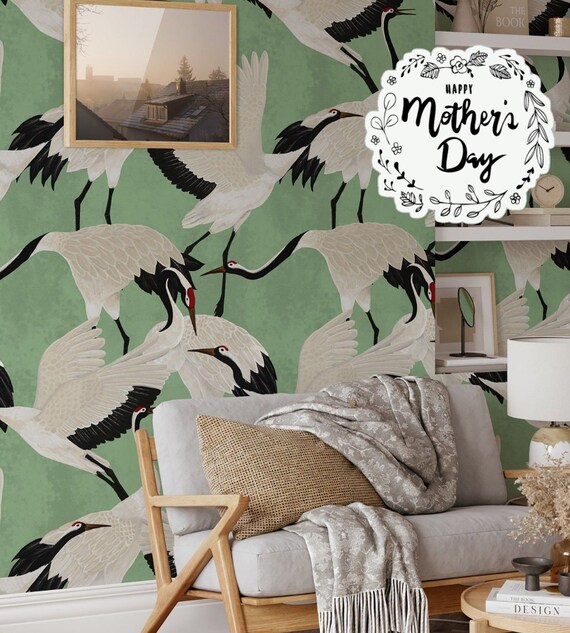Best-Selling Japanese Green Heron Wallpaper - Serene and Romantic Design on Soft Green Background, Green Herons Wallpaper, Luxury Wallpaper