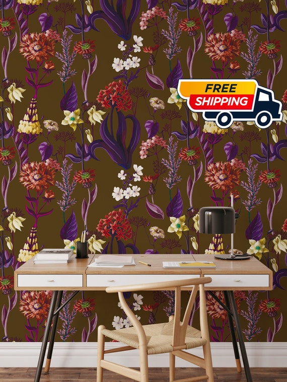 Retro 70s Floral Wallpaper, Aesthetic Brown Flowers Wall Decor, Seventies Wall Art