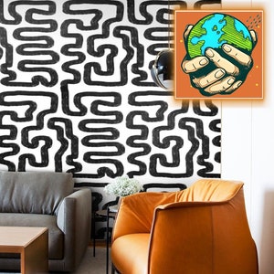 Abstract Painting Modern Wallpaper, Black and White Labyrinth Pattern for Modern Home Decor