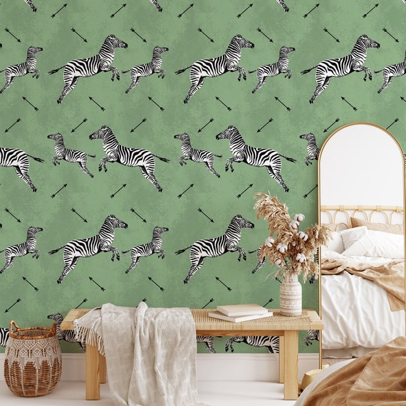 Green Flying Zebra Wallpaper, Zebras Wall Decor, Jumping Zebra Wallpaper