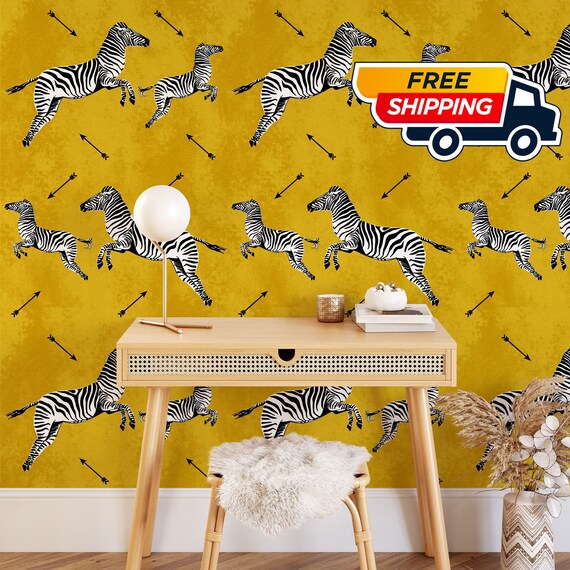 Yellow Flying Zebra Wallpaper, Zebras Wall Decor, Jumping Zebra Wallpaper