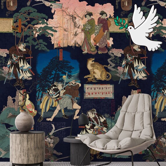 Elegant Samurai & Geisha Wallpaper - Midnight Blue Japanese Design - WALLPAPERS4BEGINNERS