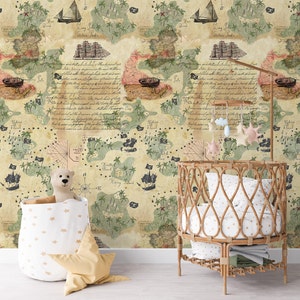 Carta da Parati Pirati per Cameretta Bambini Beige
