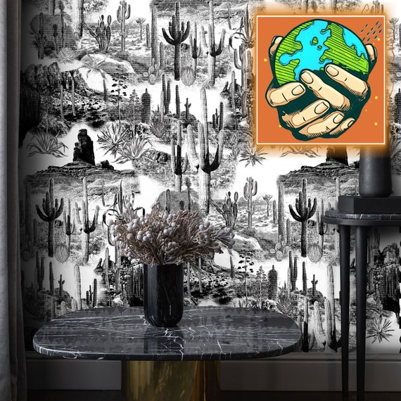 Ethereal Desert Landscape in Enchanting Etched Black and White, Wild West: Etched Cactus Wallpaper