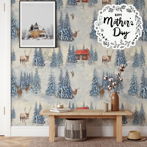 Snow Winter Forest with Animals Wallpaper, Winter Mountain Antlers Wall Decor, Woodland Nursery Calm Snowy Wall Art