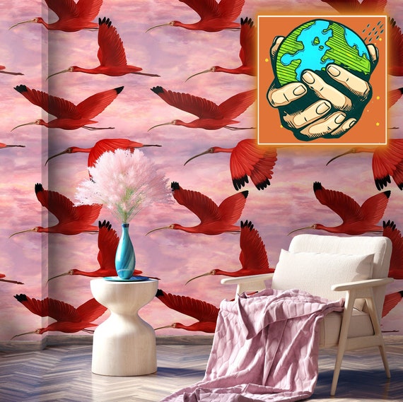 Scarlet Ibis Bird Wallpaper at Sunset, Tropical birds Indie room decor, dramatic wall covering