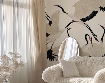 White Heron Print Wallpaper, Crane Wallpaper, Removable Wallpaper, Elegant Crane Dance Wallpaper, Graceful Bird Design