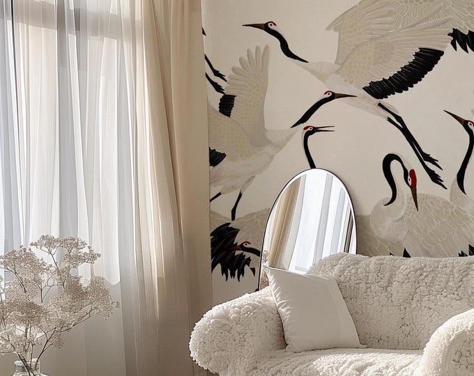 White Heron Print Wallpaper, Crane Wallpaper, Removable Wallpaper, Elegant Crane Dance Wallpaper, Graceful Bird Design