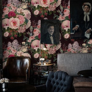 Dark Floral Wallpaper, Dramatic Botanical Peony Rose Flower Wallpaper, Large Pink Vintage Accent Wall Decor