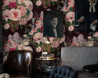 Dark Floral Wallpaper, Dramatic Botanical Peony Rose Flower Wallpaper, Large Pink Vintage Accent Wall Decor