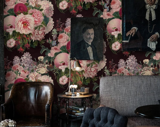 Dark Floral Wallpaper, Dramatic Botanical Peony Rose Flower Wallpaper, Large Pink Vintage Accent Wall Decor