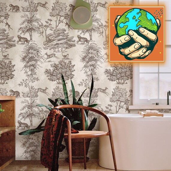Toile de Jouy Wallpaper, Vintage Safari Elegance Wall Art, Eco Artisan Italian Design