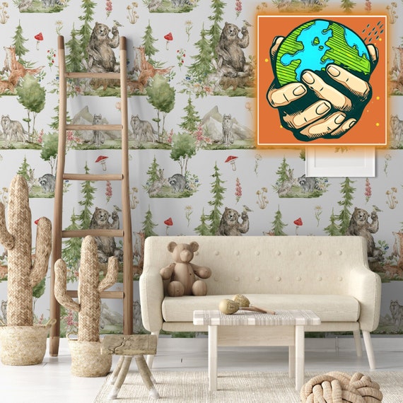 Woodland Nursery Wallpaper, Kids Forest Animals Wall Decor, Backwoods Wall Art