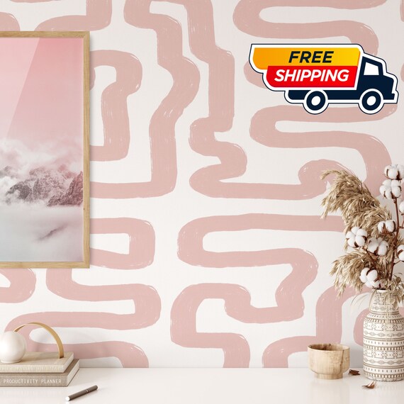 Stroke Labyrinth Pink Wallpaper, Abstract Modern Home Decor