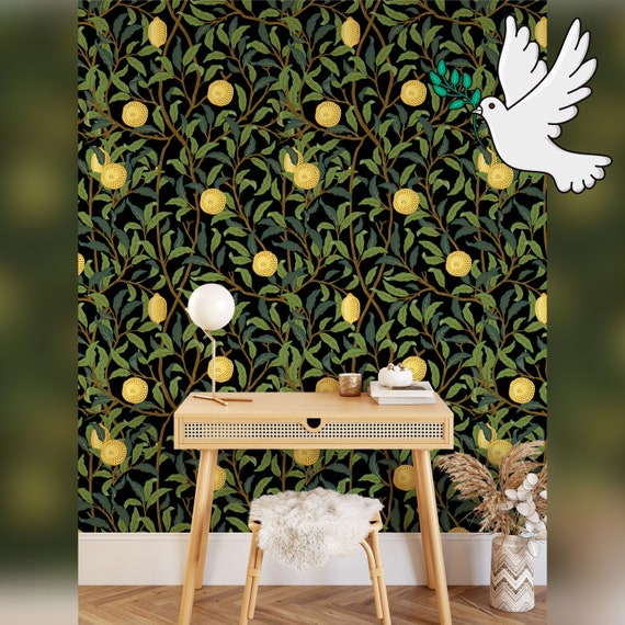 Lemons in foliage Kitchen Wallpaper, 18th Century Victorian Wall Art, Art Nouveau Wall Decore