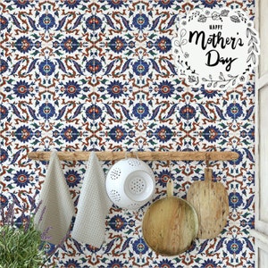 Kitchen Wallpaper with Mosaic Stone Tiles, Temporary Talavera Tile Wall Decor with Blue and Red Texture